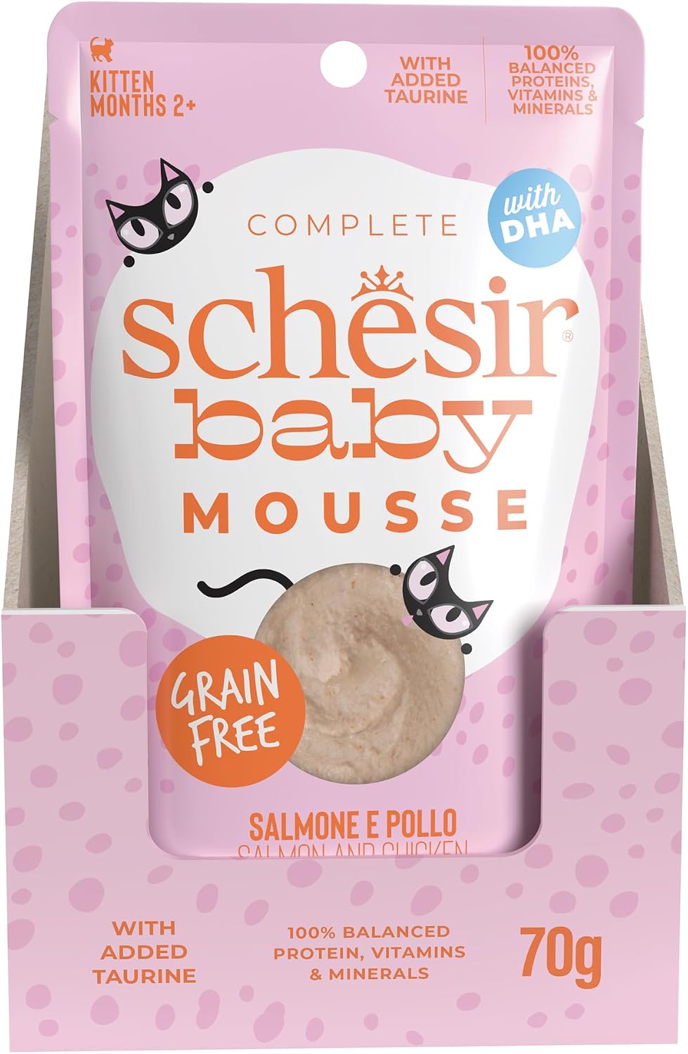 Detalle 2 de Schesir Baby Filettini di Pollo con Salmone in Mousse per Gattini – Grain Free, DHA e Taurina, 12x70 g