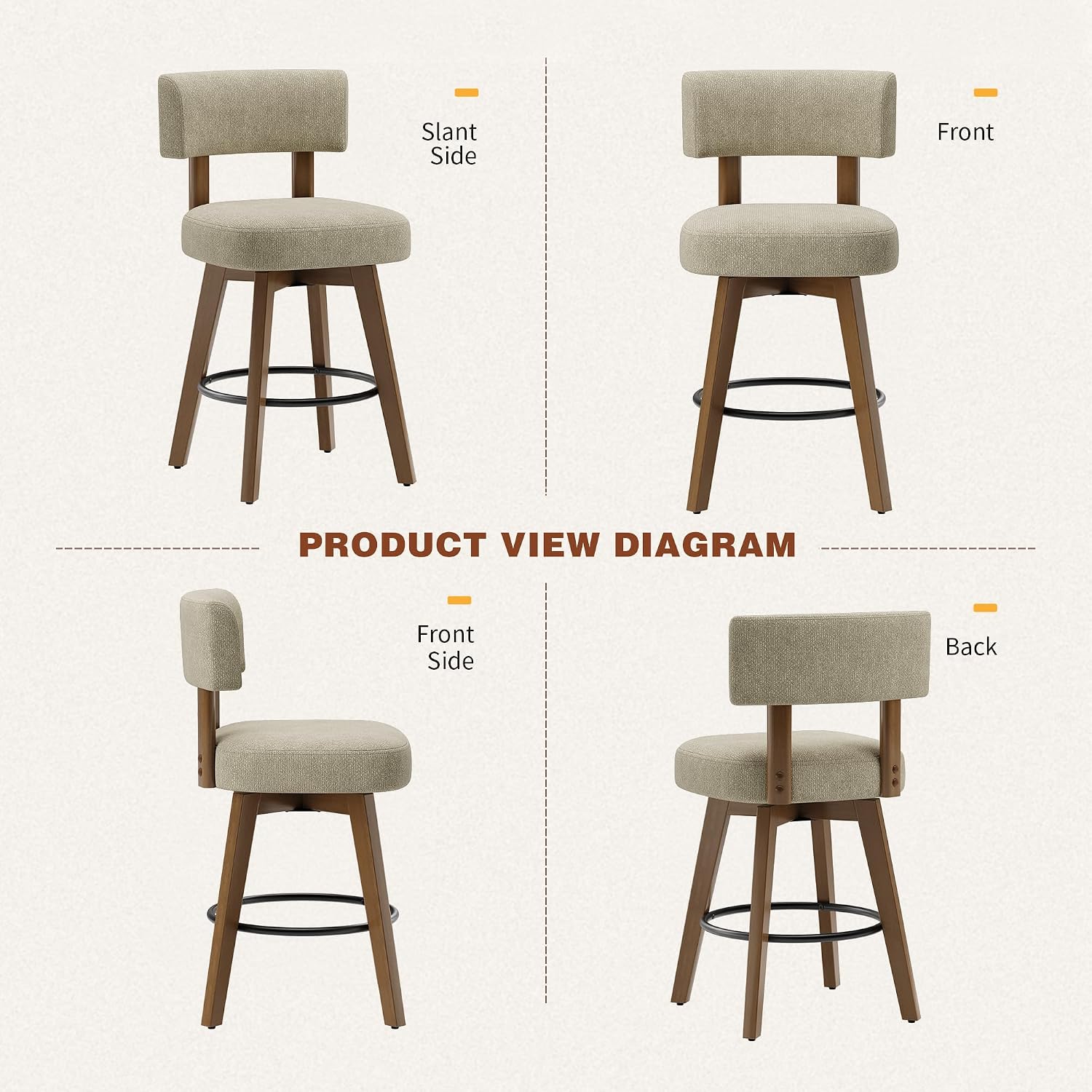 Thumbnail 6 de MALOL BSW37 Swivel Bar Stools, Set of 2, Camel Fabric, Solid Wood Legs