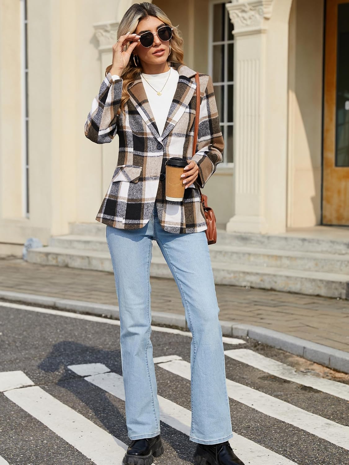 Thumbnail 4 de ELLEVEN Women's Houndstooth Plaid Blazer with Notched Lapel and Pockets