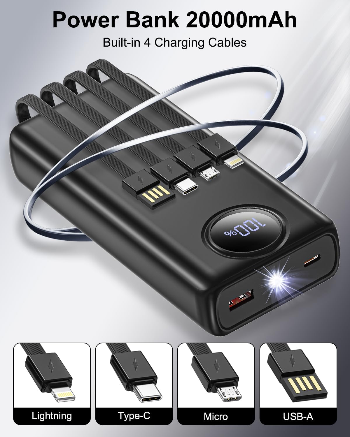 Thumbnail 1 de Batterie Externe 20000mAh avec câbles intégrés et charge rapide 22,5W, power bank 22,5W avec écran LED