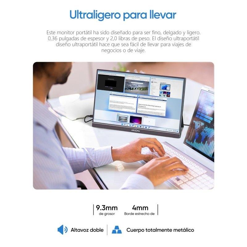 Detalle de Monitor Arzopa A1M 17,3" FullHD IPS portátil con soporte integrado y altavoces