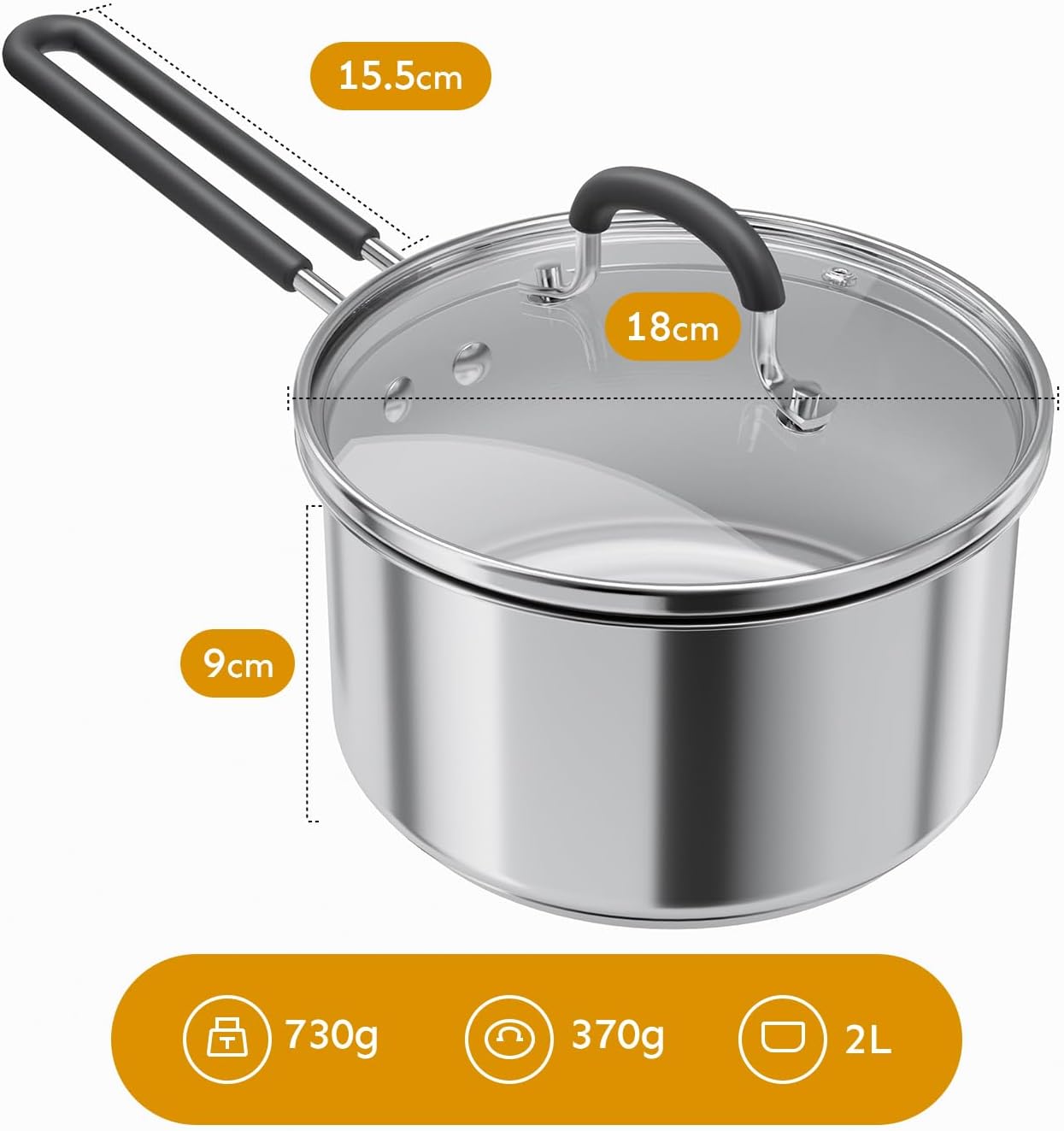 Thumbnail 4 de COOKNANO 18cm Stainless Steel Saucepan with Glass Lid (2L) – induction ready, stay-cool handles