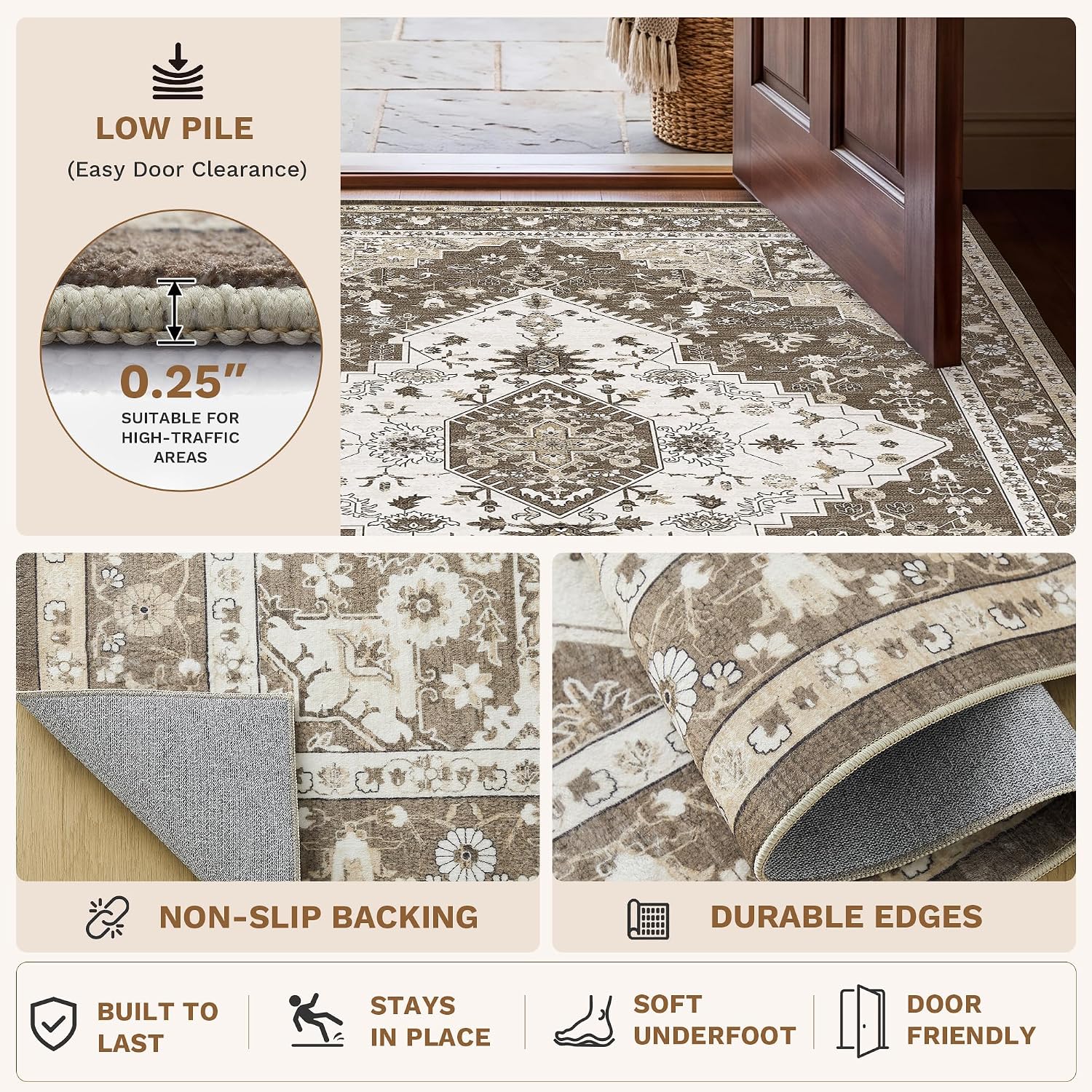 Detalle de LIVELYGLOW 8' x 10' Washable Area Rug, Low-Pile Medallion Print, Beige/Brown