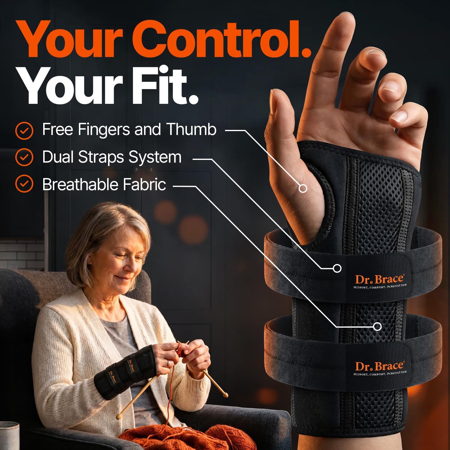 Thumbnail 4 de DR. BRACE Adjustable Wrist Brace, L/XL Right Hand, Double Splints & Cushion