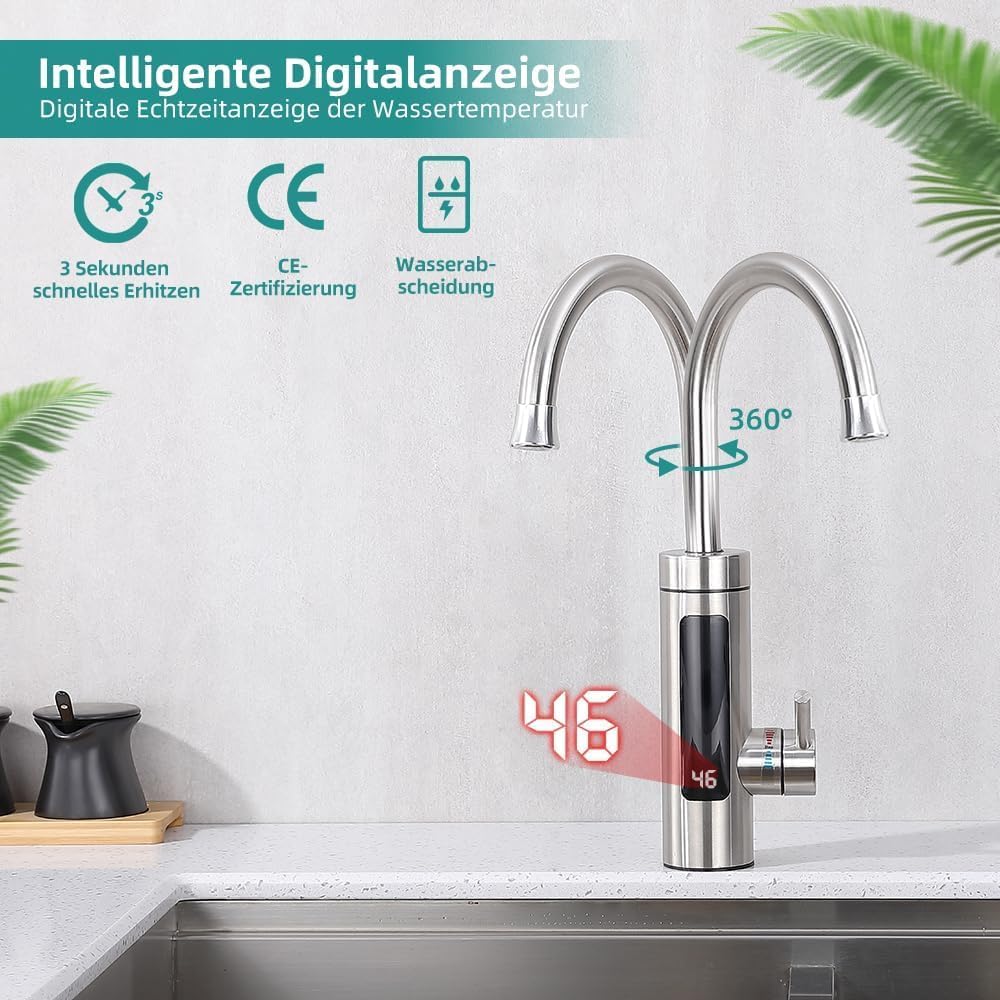 Thumbnail 3 de HOMELODY Elektrischer Wasserhahn mit Durchlauferhitzer (230 V) und LED-Temperaturanzeige – Edelstahl, 360° drehbar