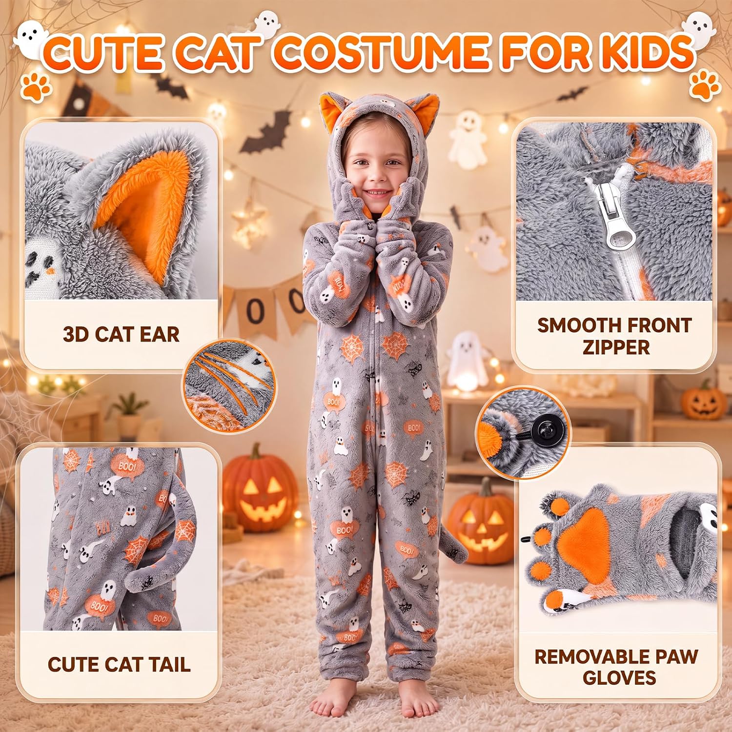 Thumbnail 4 de Joycover Glow-in-the-Dark Black Cat Costume for Kids, Fleece Onesie with Purse