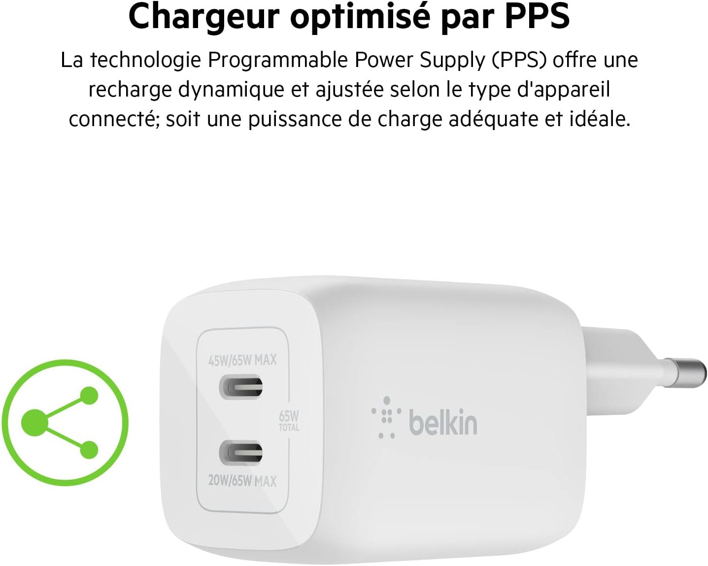 Thumbnail 5 de Belkin chargeur secteur double port USB‑C 65 W GaN (Power Delivery 3.0, câble USB‑C vers USB‑C inclus)