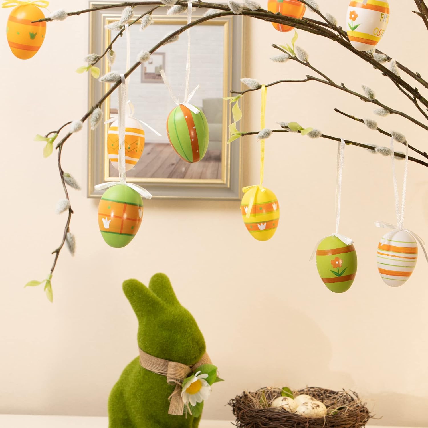Thumbnail 3 de COM-FOUR® 24 Oeufs de Pâques Peints à la Main à Suspendre – Décorations colorées pour l’intérieur et l’extérieur