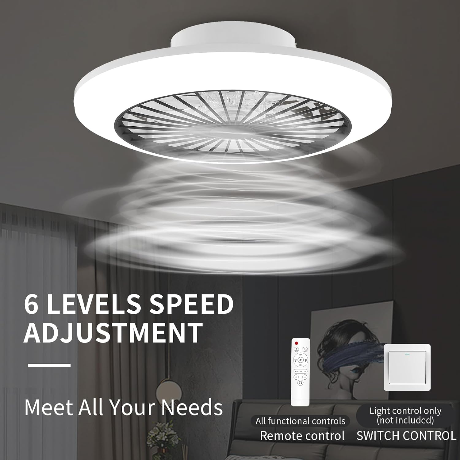 Detalle de BKZO 45.5cm LED Ceiling Fan with Light – 6-Speed, Stepless Dimming, 3000–5500K