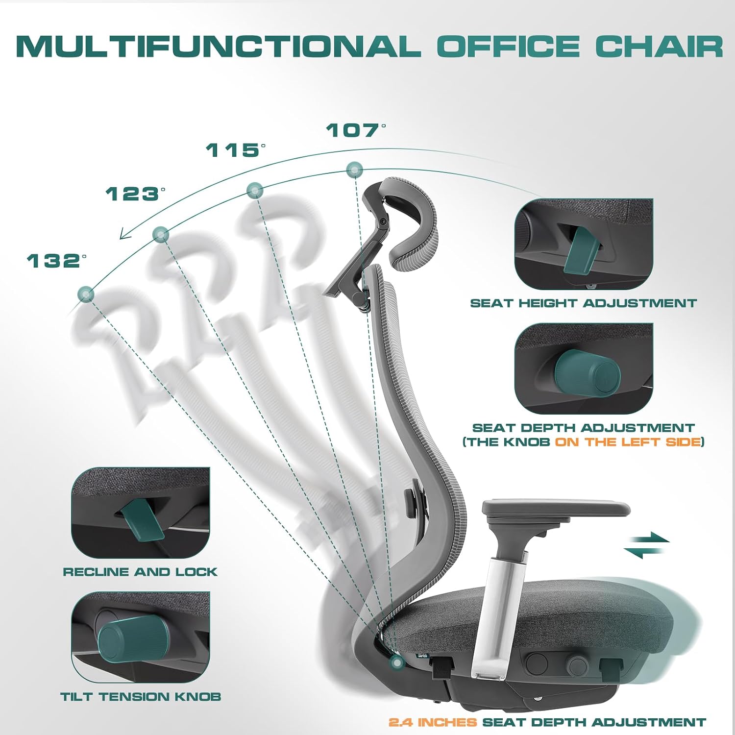 Detalle 1 de COLAMY XK-Atlas Ergonomic Mesh Office Chair with Adjustable Headrest and 4D Arms