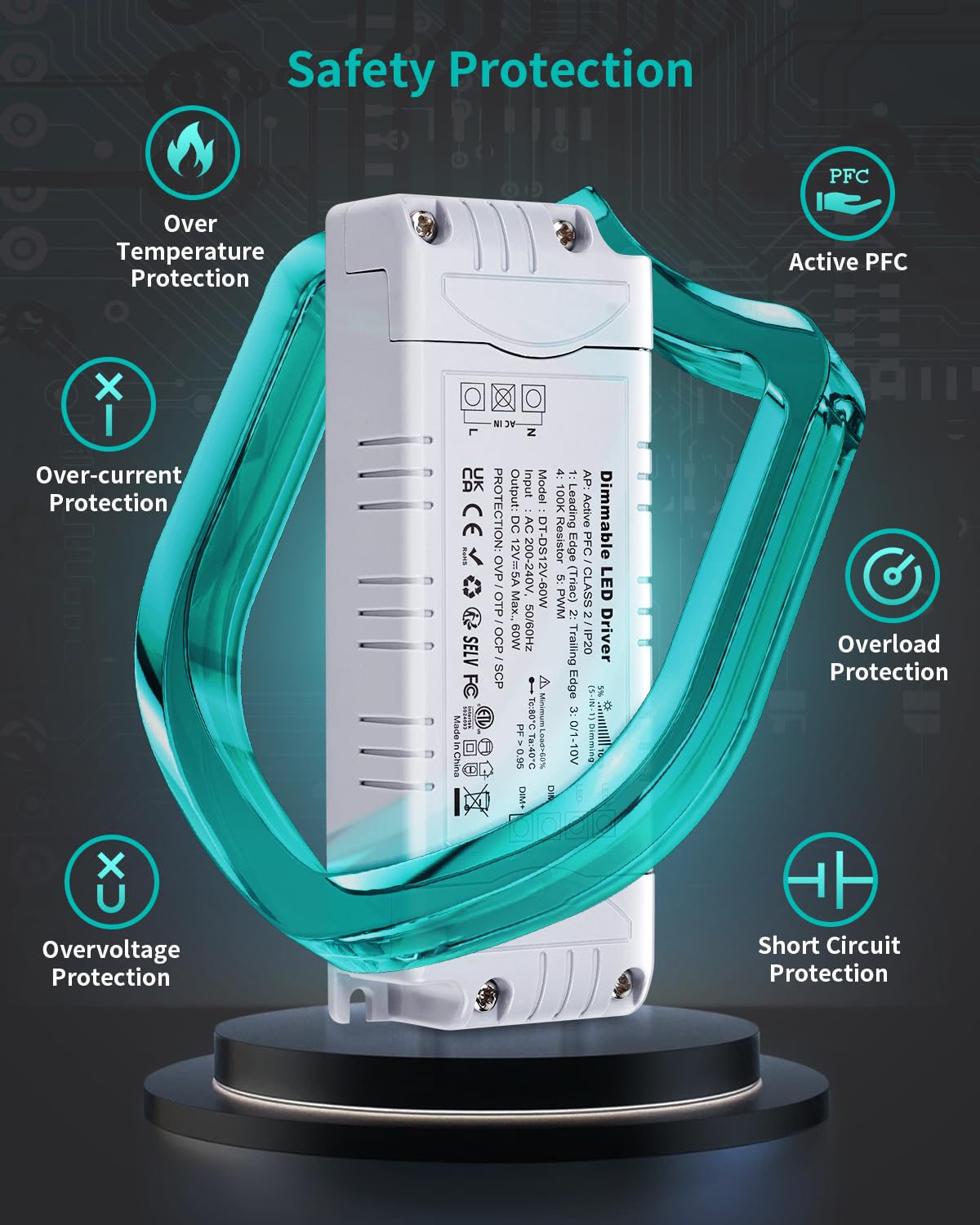 Detalle 2 de REYLAX 12V Dimmable Triac LED Driver (60W, 5A) — High PF, 240V to 12V Transformer
