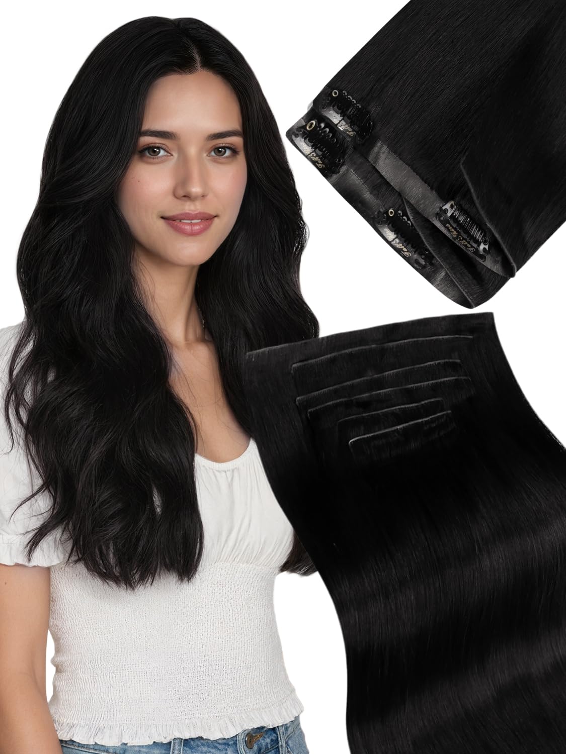Detalle de Fshine Clip-in Extensions Echthaar Tiefschwarz 45 cm — 120 g, 6 Stücke