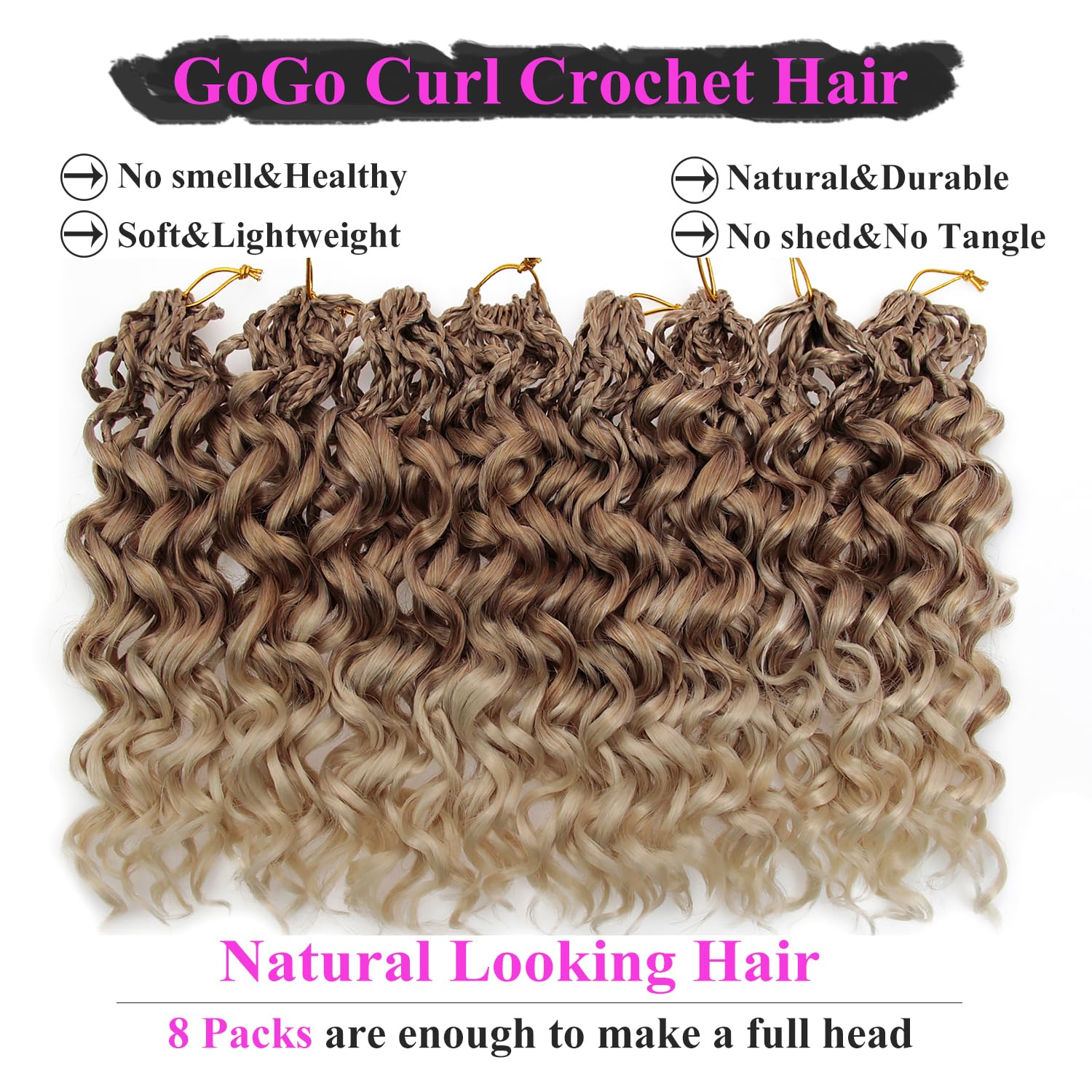 Detalle de XSASLYET Pre Looped GoGo Curl Crochet Hair, 18 Inch, 8 Packs — Deep Wave, Prelooped, Synthetic Water Wave Braids