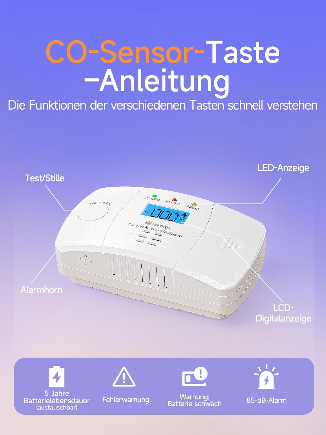 Thumbnail 4 de Kohlenmonoxidmelder Heiman 10 Jahre LCD