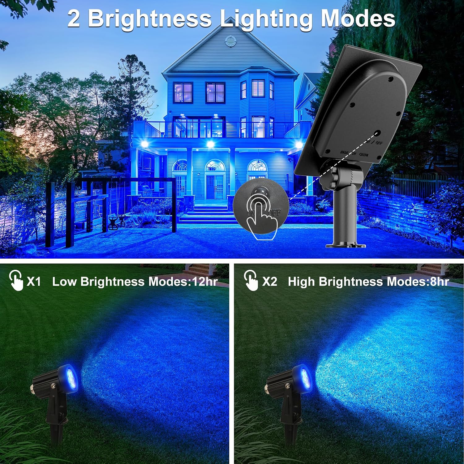 Detalle 2 de NATPOW LED Solar Spot Lights (Blue) – IP65 outdoor dusk-to-dawn garden uplighters