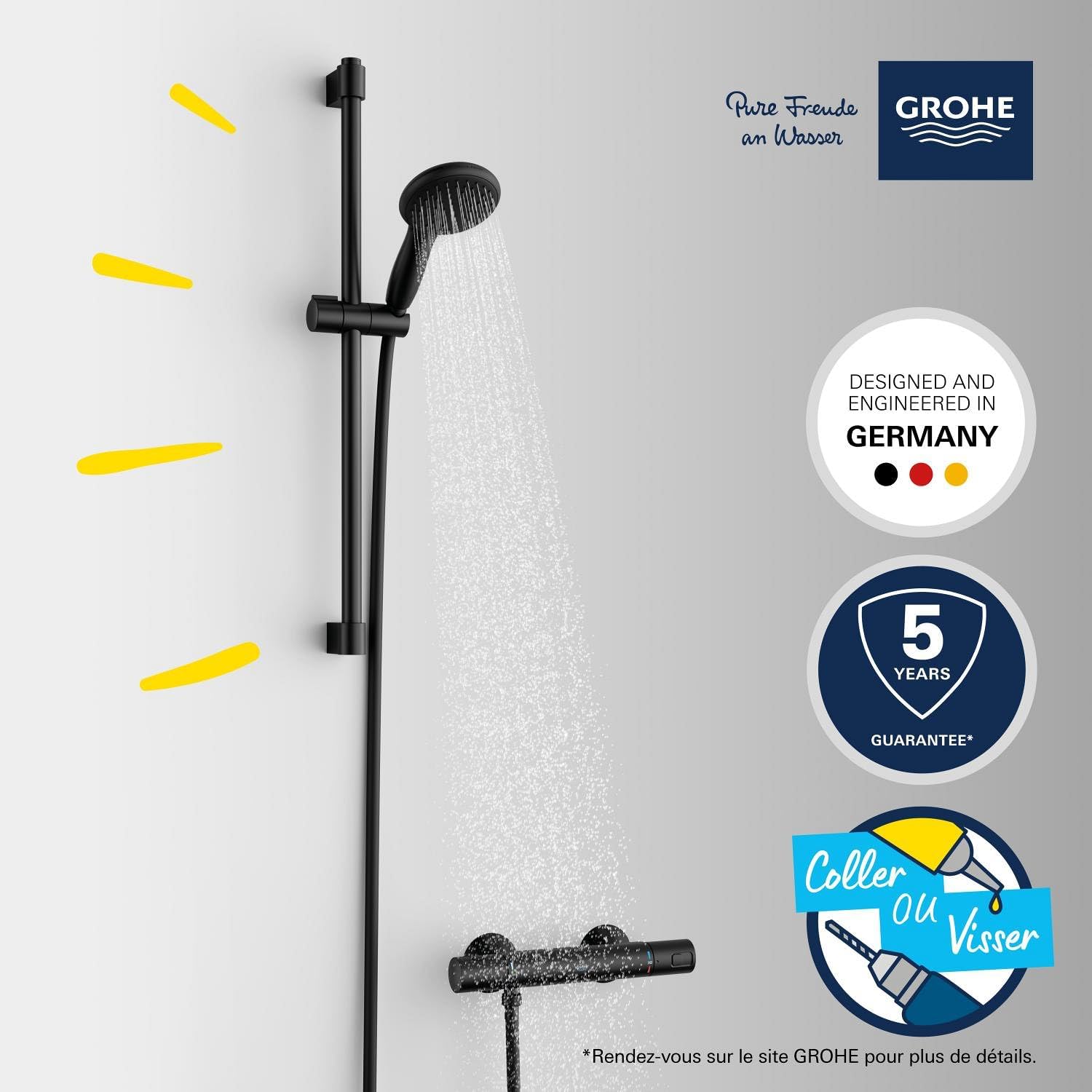 Thumbnail 4 de GROHE Precision Start Ensemble Douche avec Thermostatique – Pommeau Rond 11 cm, Flexible 1,75 m et Barre 60 cm (Noir Mat) – Économie d’Eau