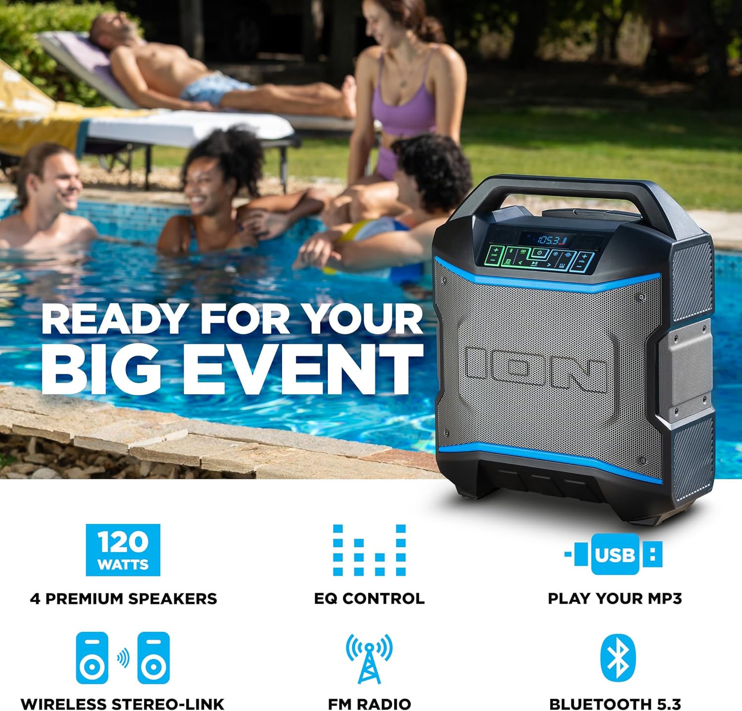 Detalle de ION BLCKRCKR2023 Portable Bluetooth Party Speaker, 120W, FM Radio and Mic