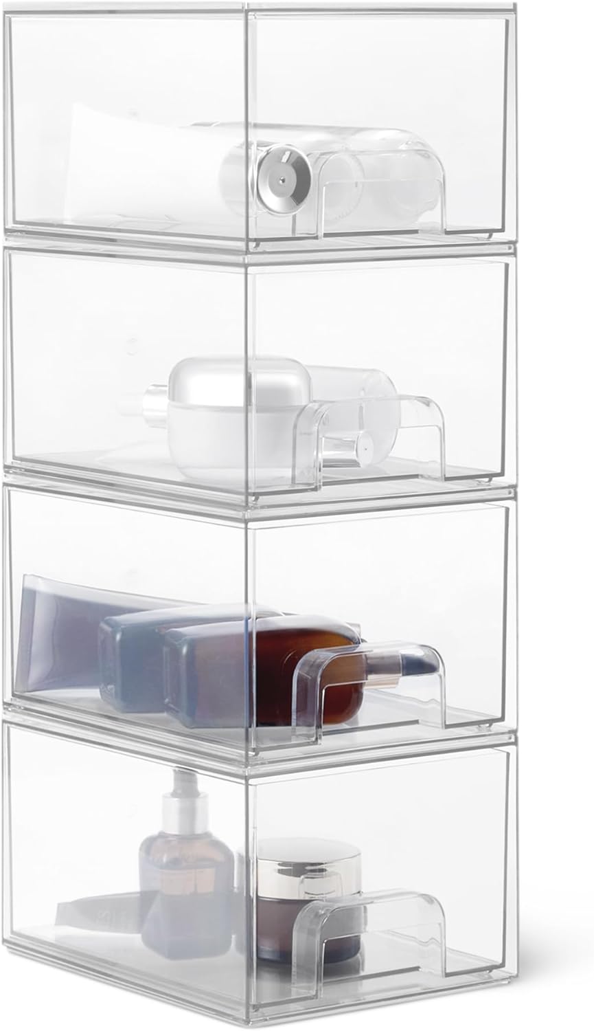 Amazon Basics : lot de 4 tiroirs de rangement empilables en plastique transparent pour maquillage