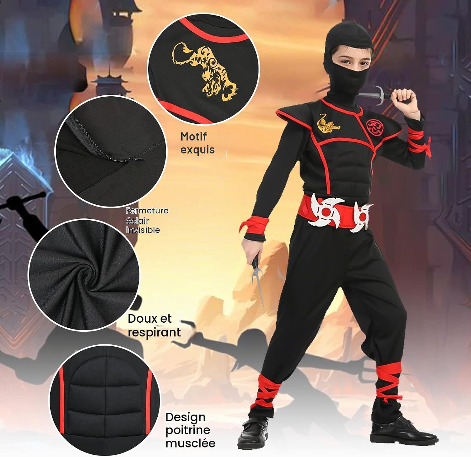 Detalle de AOMIG C2-B-XL220914 ninjakostuum voor kinderen, rood-zwart met accessoires