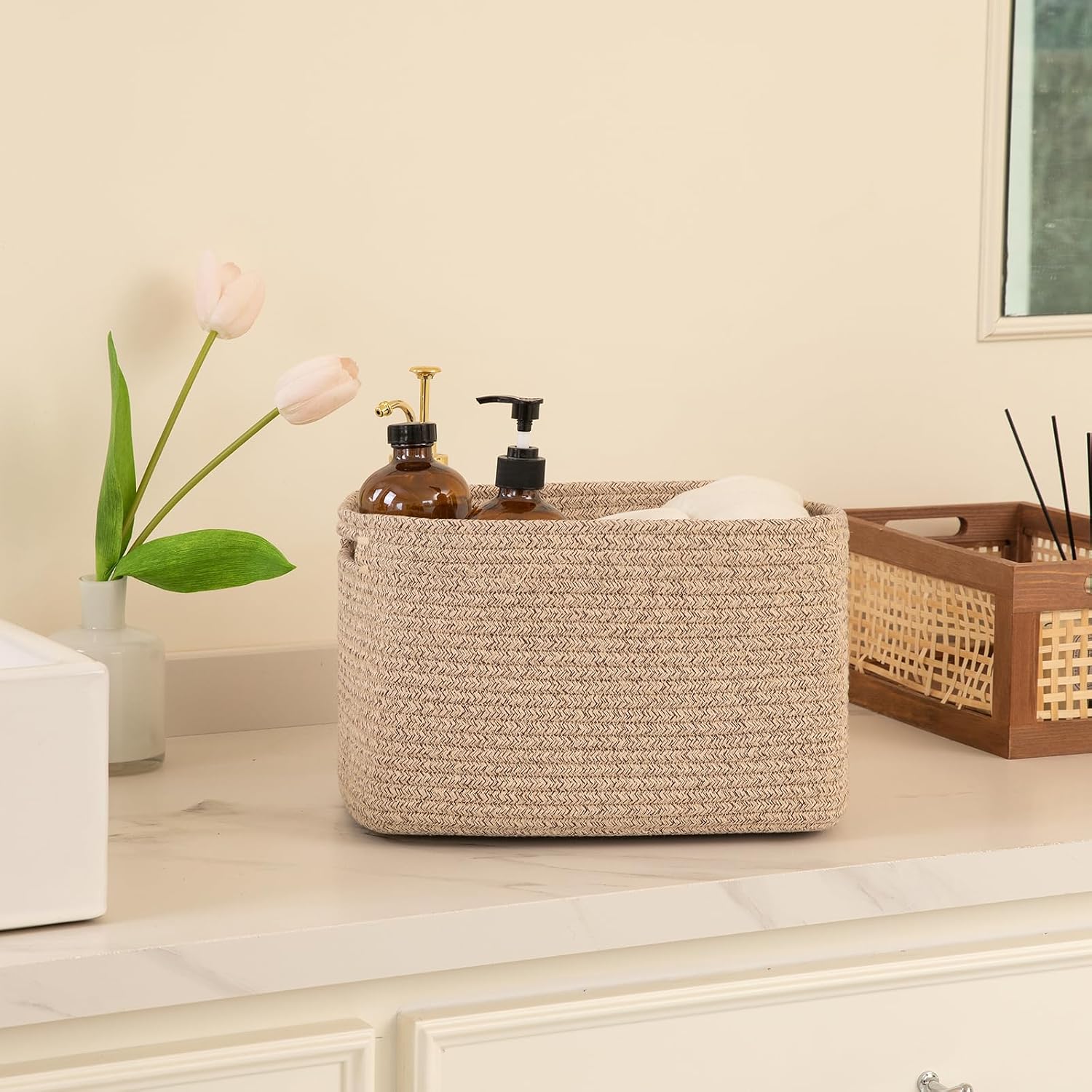 Detalle de OIAHOMY 4-Pack Cotton Rope Storage Baskets, Brown, 17.7 x 13 x 7.8 Inches