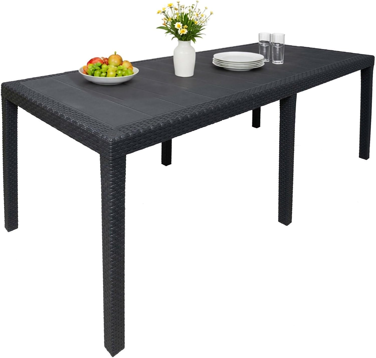 Detalle de Dmora Roma Tavolo da esterno allungabile 150/220x90h72 cm, effetto rattan – Antracite