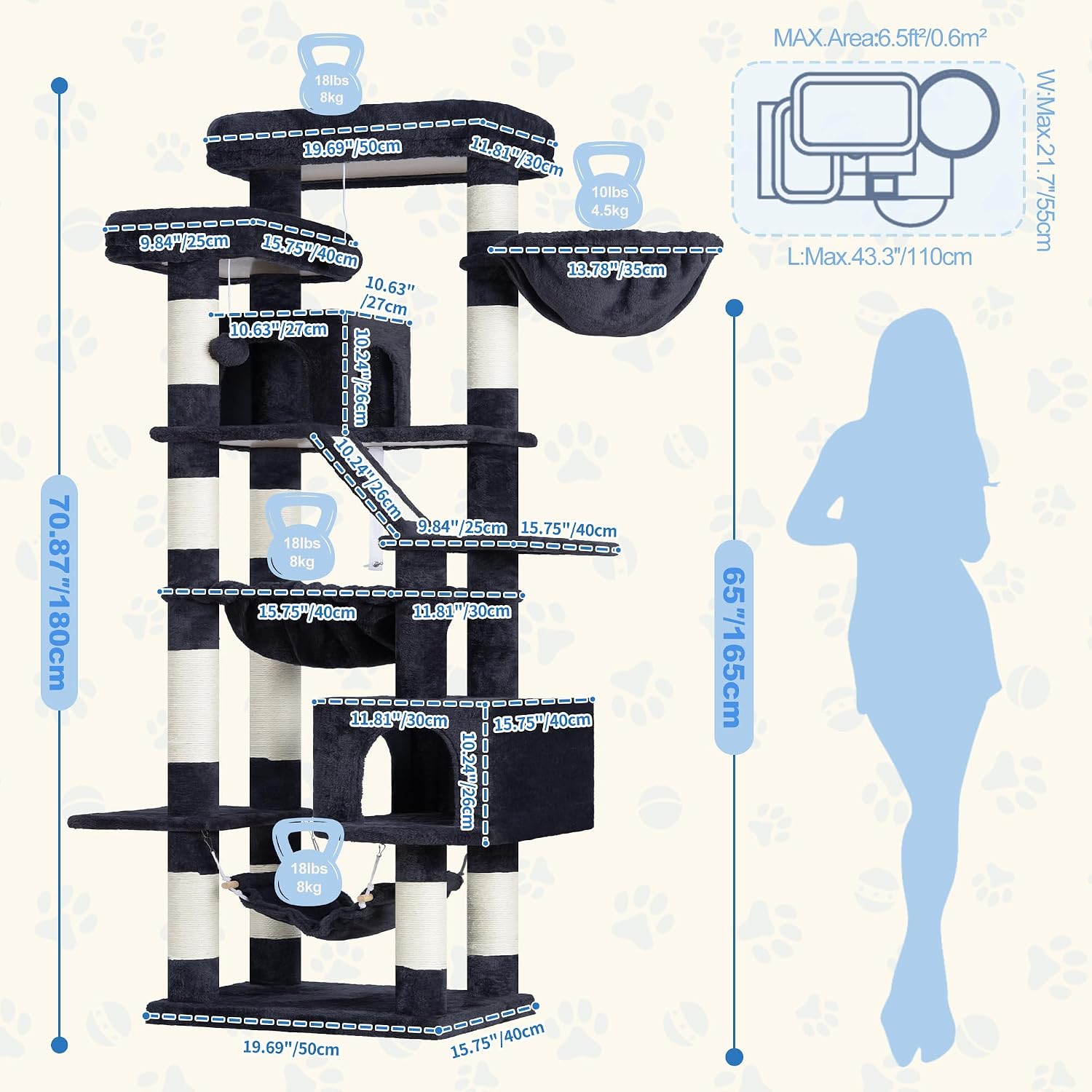 Thumbnail 4 de Heybly HCT034G 71-Inch Cat Tree with 6 Levels, Condos and Sisal Scratcher