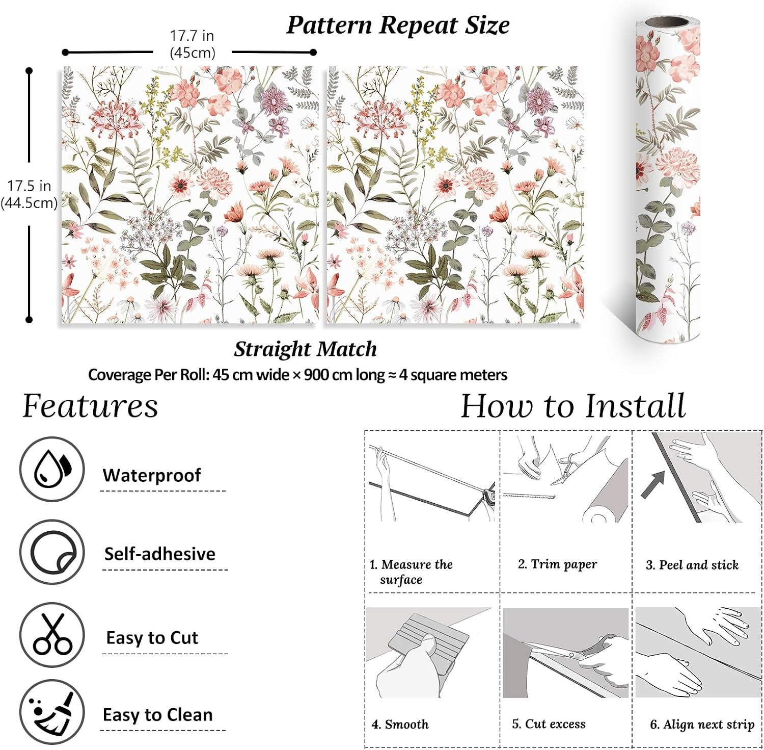 Thumbnail 6 de VEELIKE Vintage Peach Pink Floral Wallpaper 44.5×900 cm