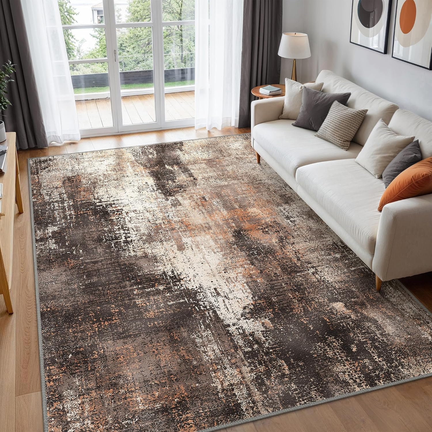 Detalle de BEIMO waschbarer Kurzflor-Teppich im abstrakten Design, rutschfest, 120 x 170 cm (Rotbraun)
