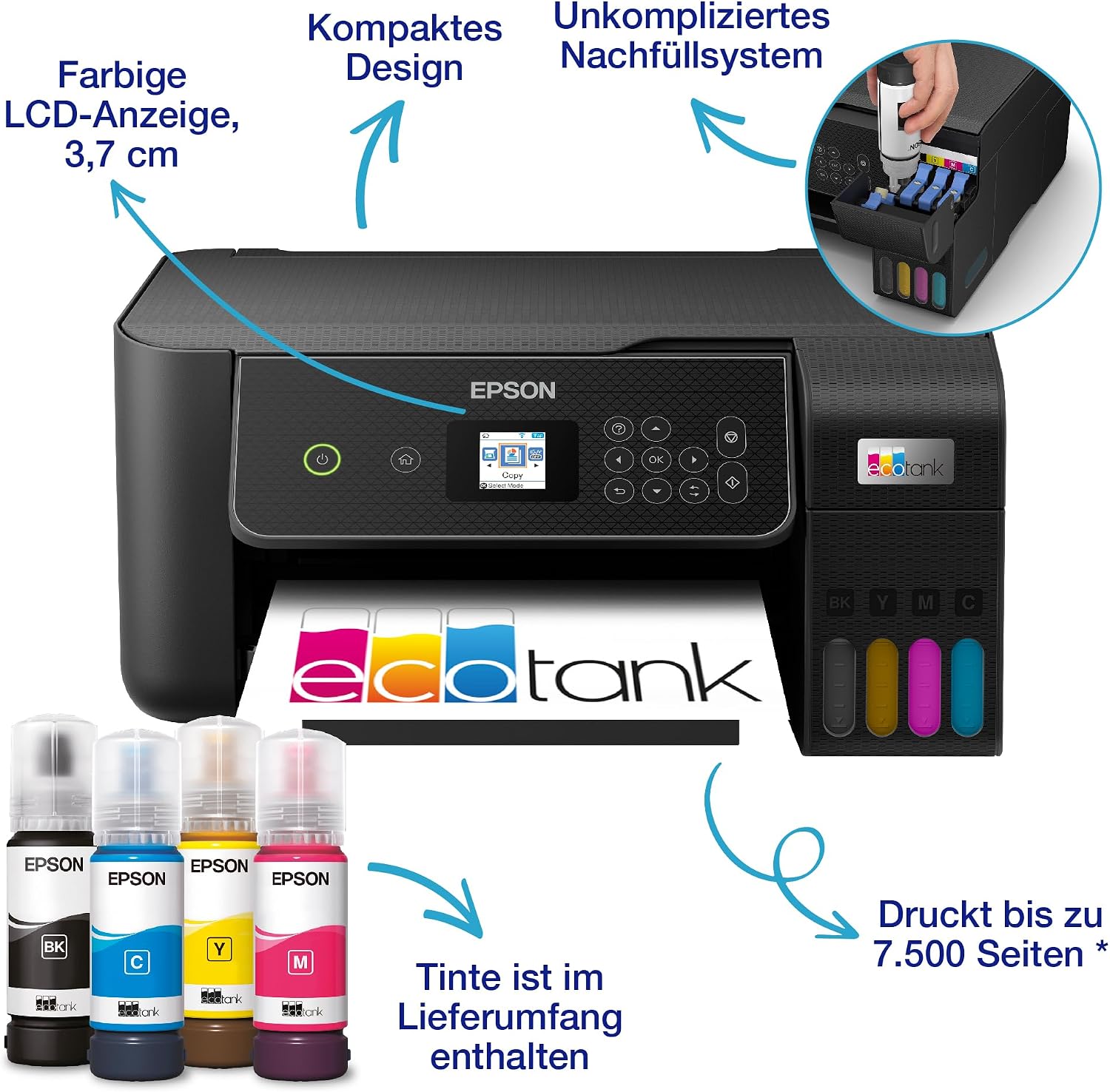 Detalle de Epson EcoTank ET-2870 Multifunktionsdrucker mit 3‑Jahres‑Tinte 🖨