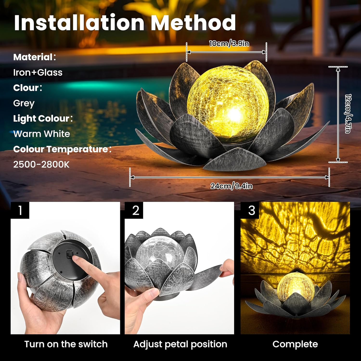 Detalle de GIGALUMI Solar Lights Outdoor Garden Ornament – Amber Lotus Flower, IP44 Weatherproof
