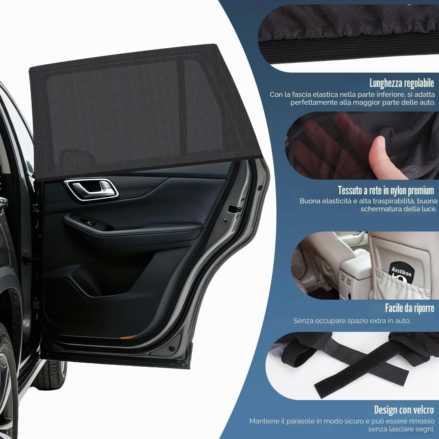 Thumbnail 3 de Asstikoo Parasole per auto – protezione UV estensibile 55×115 cm (2 pezzi) per finestrini posteriori