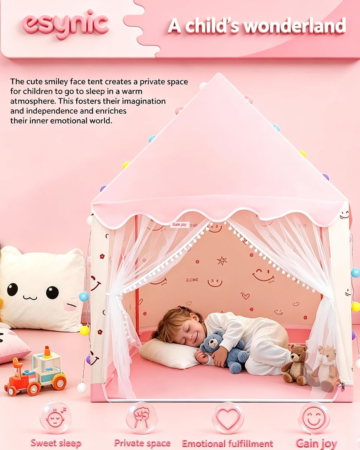 Detalle de eSynic XL-Pink003 kindertent met led-lichtketting en metalen frame