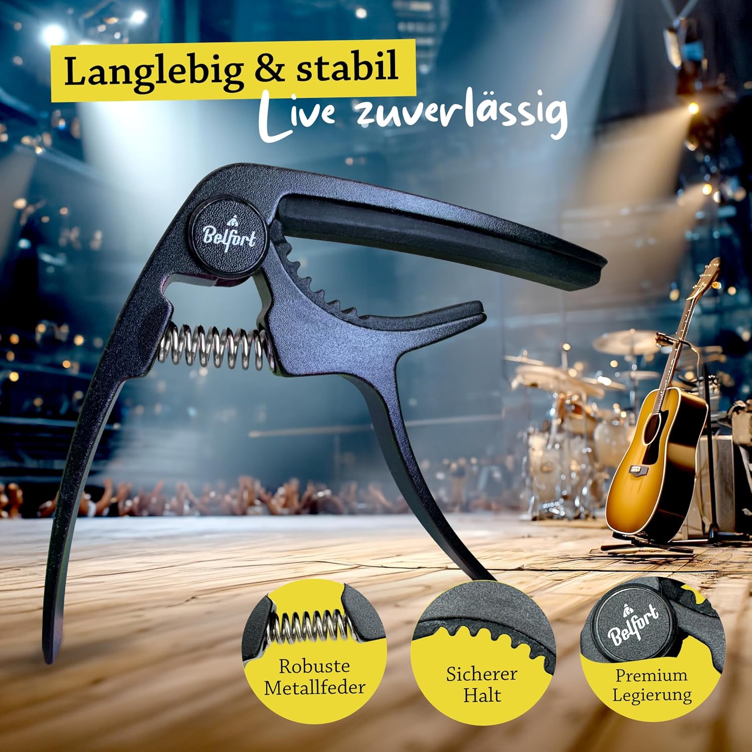 Detalle de BELFORT QuickPitch Capo – Kapodaster für Gitarre + 3 Plektren