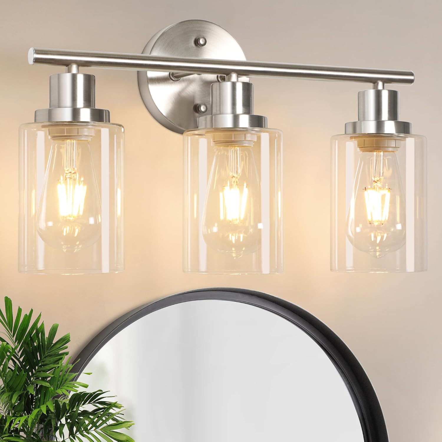 Detalle de Unicozin RJ-WR03 3-Light Vanity Light, Brushed Nickel, Clear Glass, E26