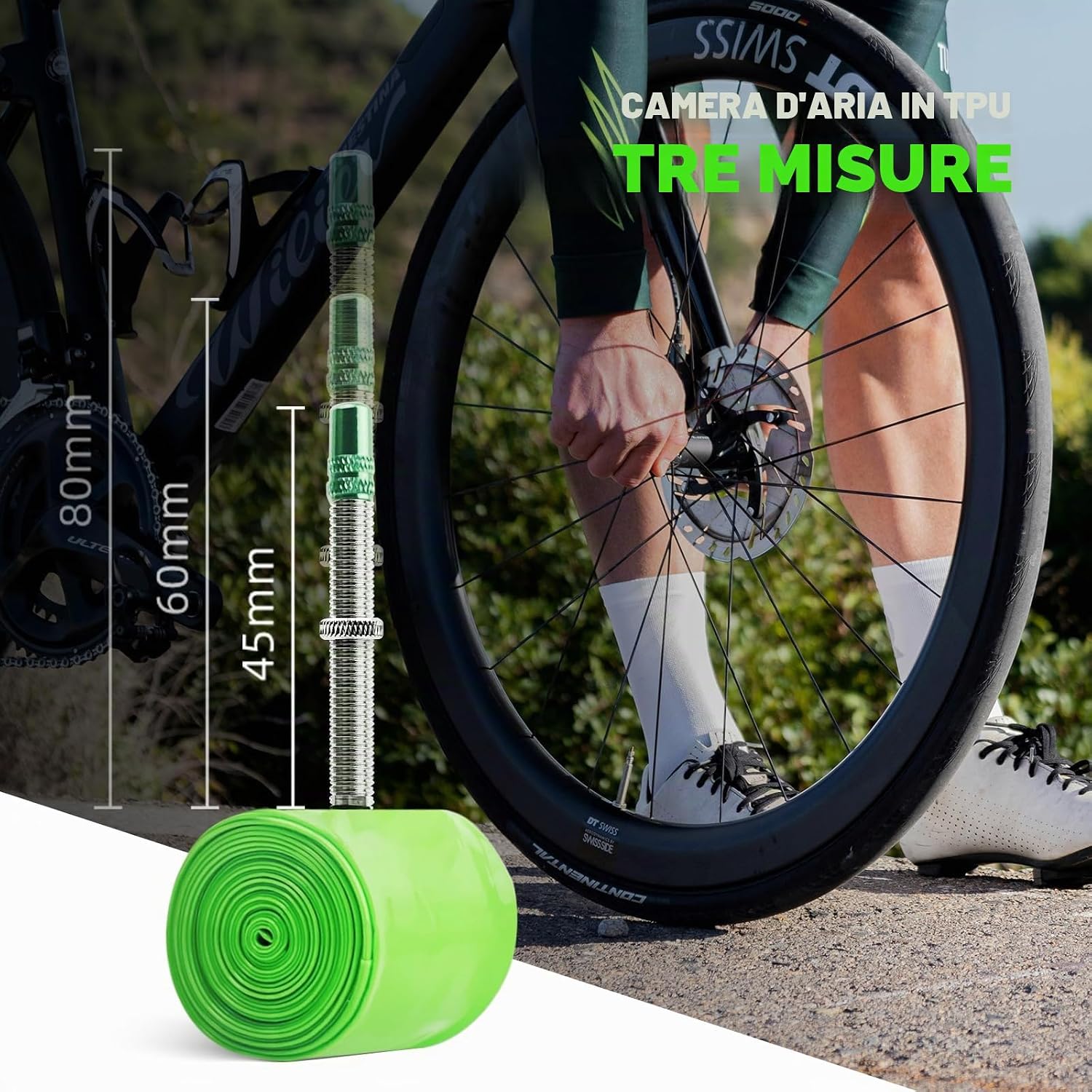 Detalle de CYCLAMI Camera d'aria in TPU per bici da strada 700C, 38 g, valvola in metallo 80 mm – kit 2 pezzi