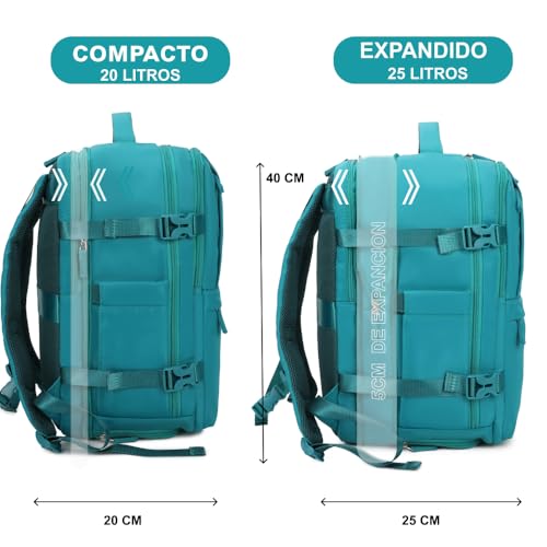 Detalle 2 de Mochila de viaje cabina expandible 1990s Verde 40x25x20-25 cm, 25 L con compartimento para zapatillas y portátil de 14