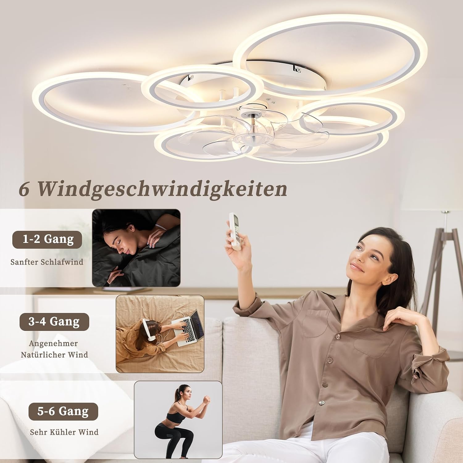 Detalle de MiiR Deckenventilator mit Beleuchtung, LED dimmbar & Fernbedienung – umkehrbarer Motor, 6-Gang (85 W, 6.800 lm), weiß