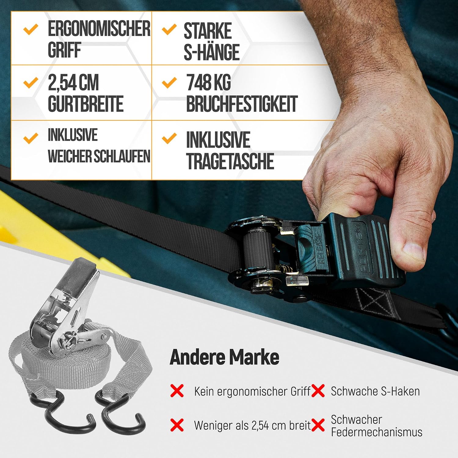 Thumbnail 6 de FORTEM Spanngurte-Set mit Ratsche und Haken, 4-teilig – inklusive Tasche
