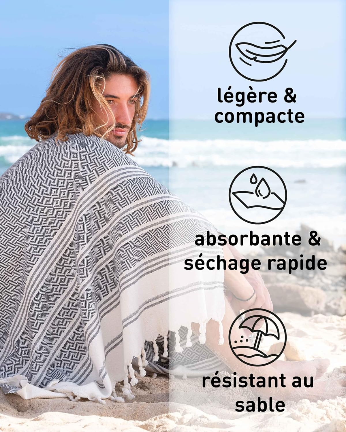 Detalle 2 de Fit-Flip Serviette de Plage hammam – Fouta en coton 100% 100x200cm Diamond, anthracite
