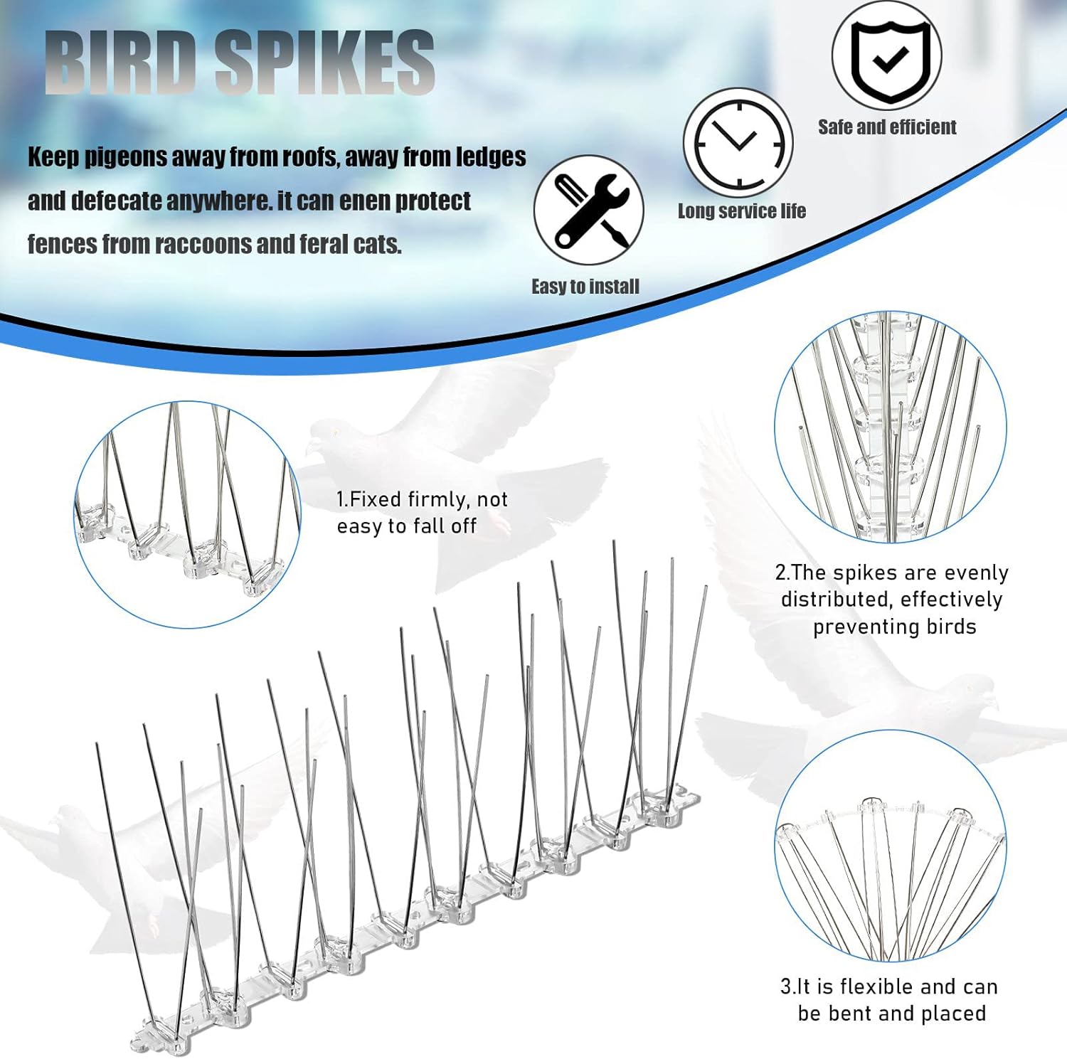 Thumbnail 2 de 8Pcs Bird Spikes, Pigeon Spikes Kit Cover 2M – Humane Bird Deterrent for Gardens, Balconies and Roofs