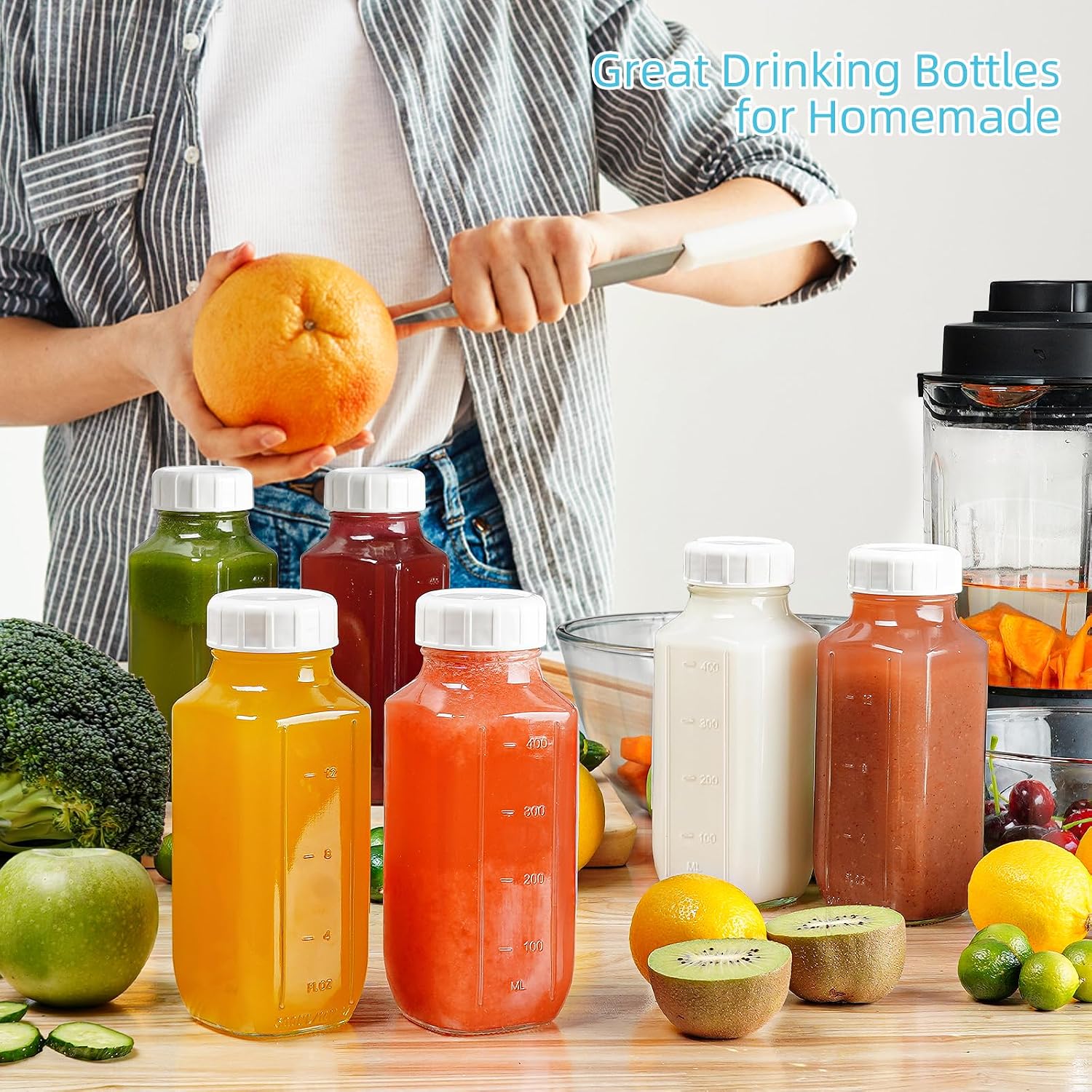 Thumbnail 2 de Absovetu 4 Pack Glass Juice Bottles with Airtight Lids, 500 ml (16oz) reusable glass milk and drink containers