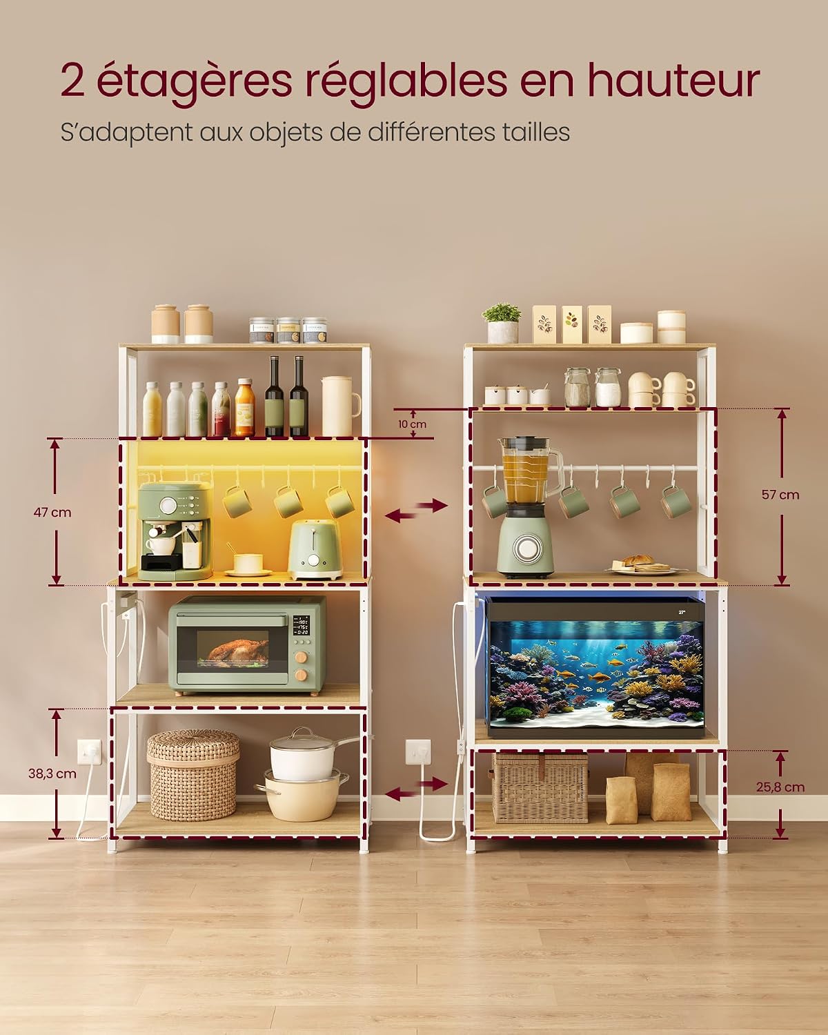 Thumbnail 5 de VASAGLE étagère de cuisine avec LED et multiprise KKS050YA01 (40 x 80 x 168,4 cm) – doré chêne et blanc mat