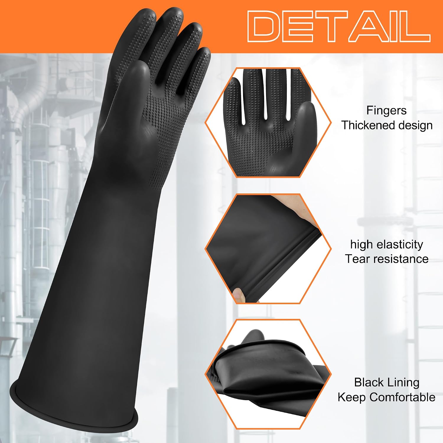 Detalle de Heavy Duty Rubber Gloves 18" Long - 1 Pair, Chemical Resistant and Non-Slip for Drain Cleaning