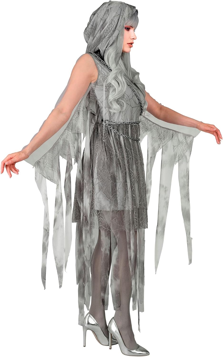 Detalle de W WIDMANN MILANO Ghostly Spirit Kostüm für Damen – Grau, Kapuze mit Kette, Größe XL