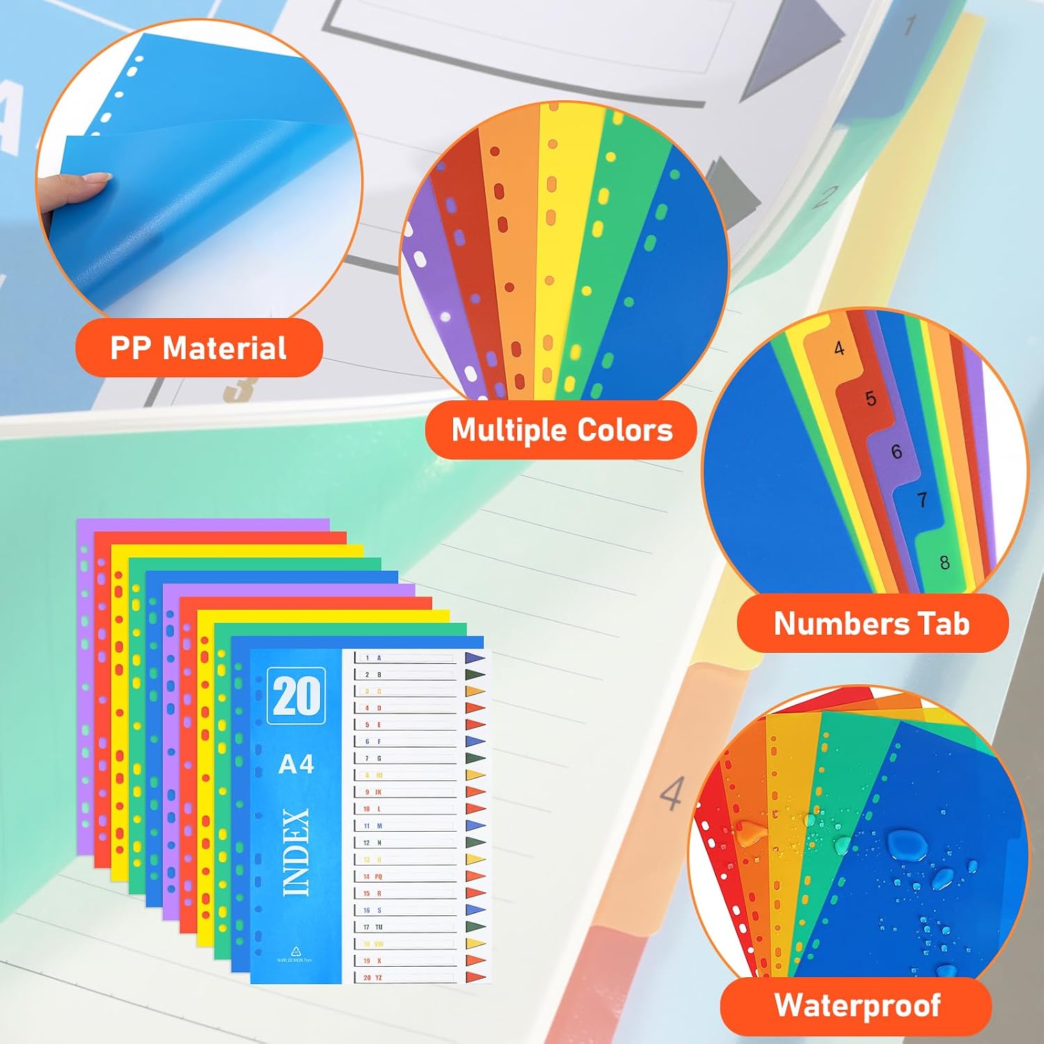 Detalle de XHDA A4 Part Dividers (1–20) – 5 Pack Multi-Colour PP Plastic Index Tabs for 11-Hole Ring Binders