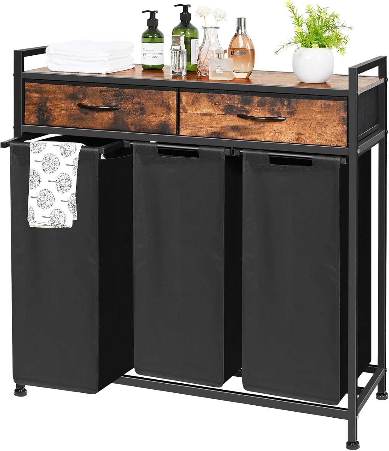 Detalle de 3-Section Laundry Hamper Cart 180L with Shelf and Drawers