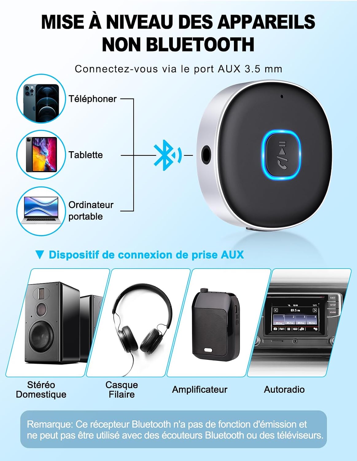 Thumbnail 2 de Mohard Bluetooth-ontvanger 5.0 met 3,5mm AUX, handsfree bellen en dual pairing