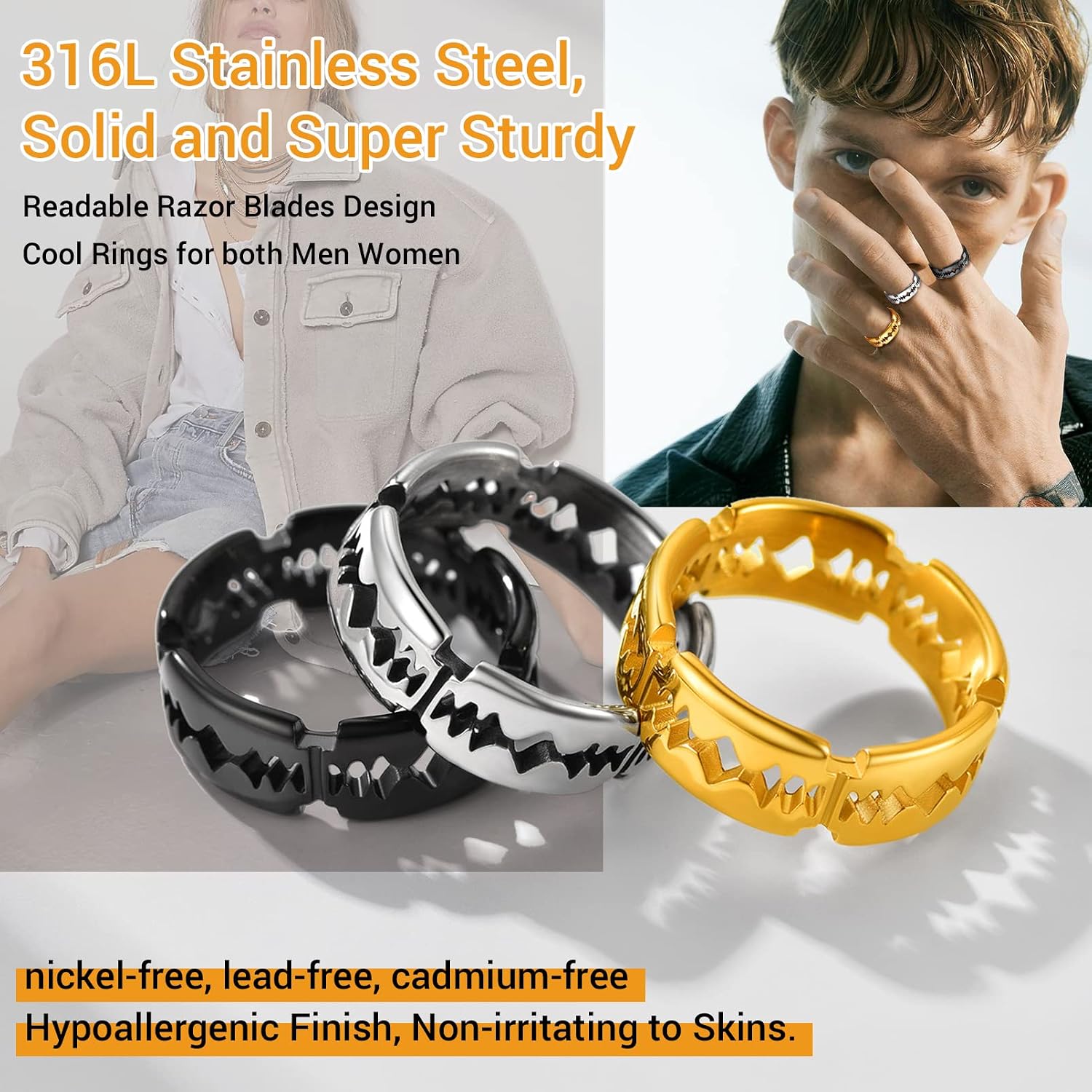Thumbnail 5 de PROSTEEL Bague Homme Lame Rasoir Acier Inoxydable Plaqué Or Ø59