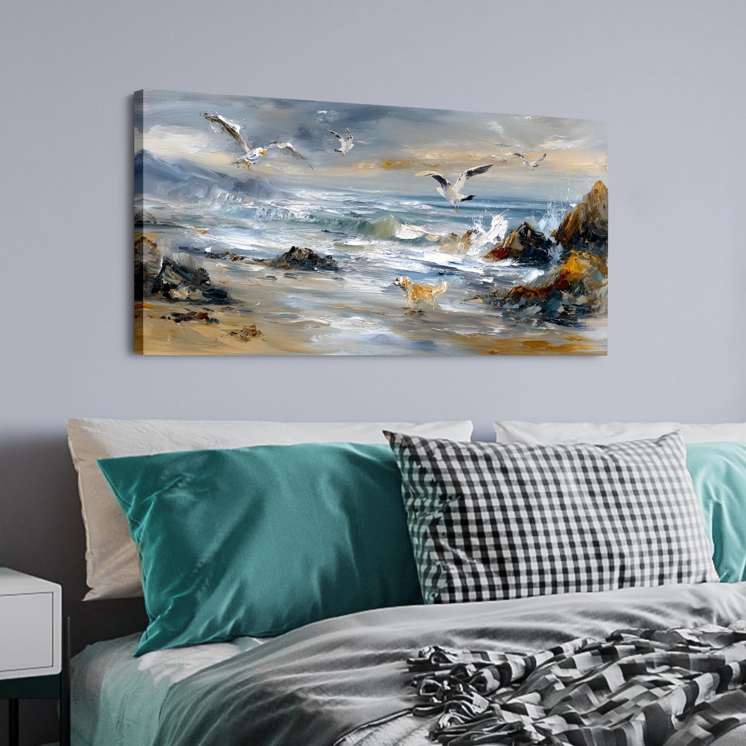 Detalle 2 de Ozean Strand Leinwand Wandkunst 50,8 × 101,6 cm – Maritimes Küstenbild für Wohnzimmer und Schlafzimmer