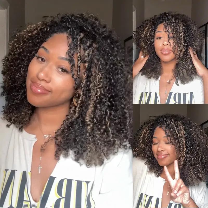 Thumbnail 5 de 3 In 1 Half Wig Human Hair Afro Kinky Curly Wig with Balayage Ombre Brown 250% Density - Glueless, Wear & Go